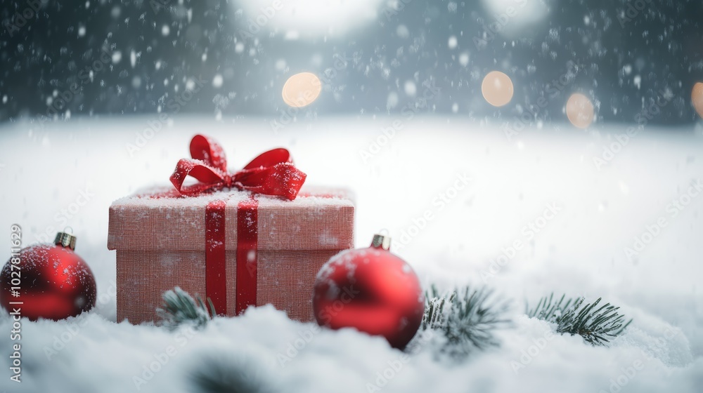 Red gift box with ribbon and ornaments in a snowy outdoor scene. Perfect for Christmas and new year greetings. Red gift box with ribbon and ornaments in a snowy outdoor scene. Perfect for Christmas and new year greetings.