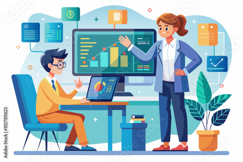 A teacher patiently explaining a software concept to a student, pointing at a diagram on the screen