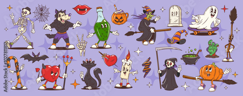 Groovy Halloween characters in retro cartoon for horror night holiday, vector comic monsters. Cartoon Halloween groovy skeleton and funny werewolf with pumpkin witch on broomstick and funky boo ghost