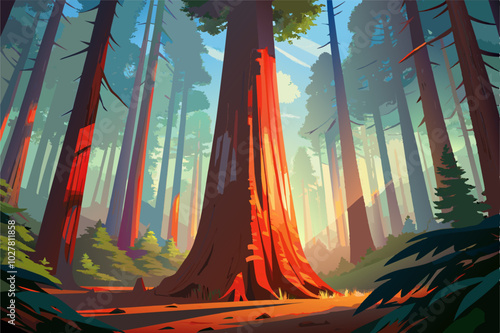 A towering redwood tree in a misty Californian forest, sunlight filtering through the red bark