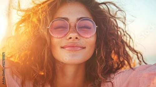 A freckled woman enjoys a glowing sunset, wearing round pink sunglasses, her curly hair highlighted by the golden light, embodying a carefree and joyful spirit.