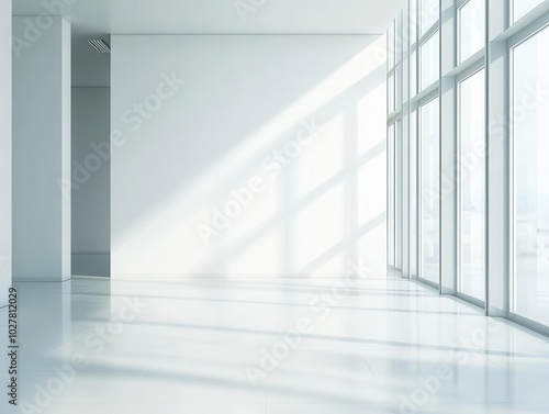 minimalist modern office interior features a sleek design with an empty white wall, perfect for mockup displays, illuminated by natural light streaming through large windows