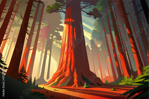 A towering redwood tree in a misty Californian forest, sunlight filtering through the red bark
