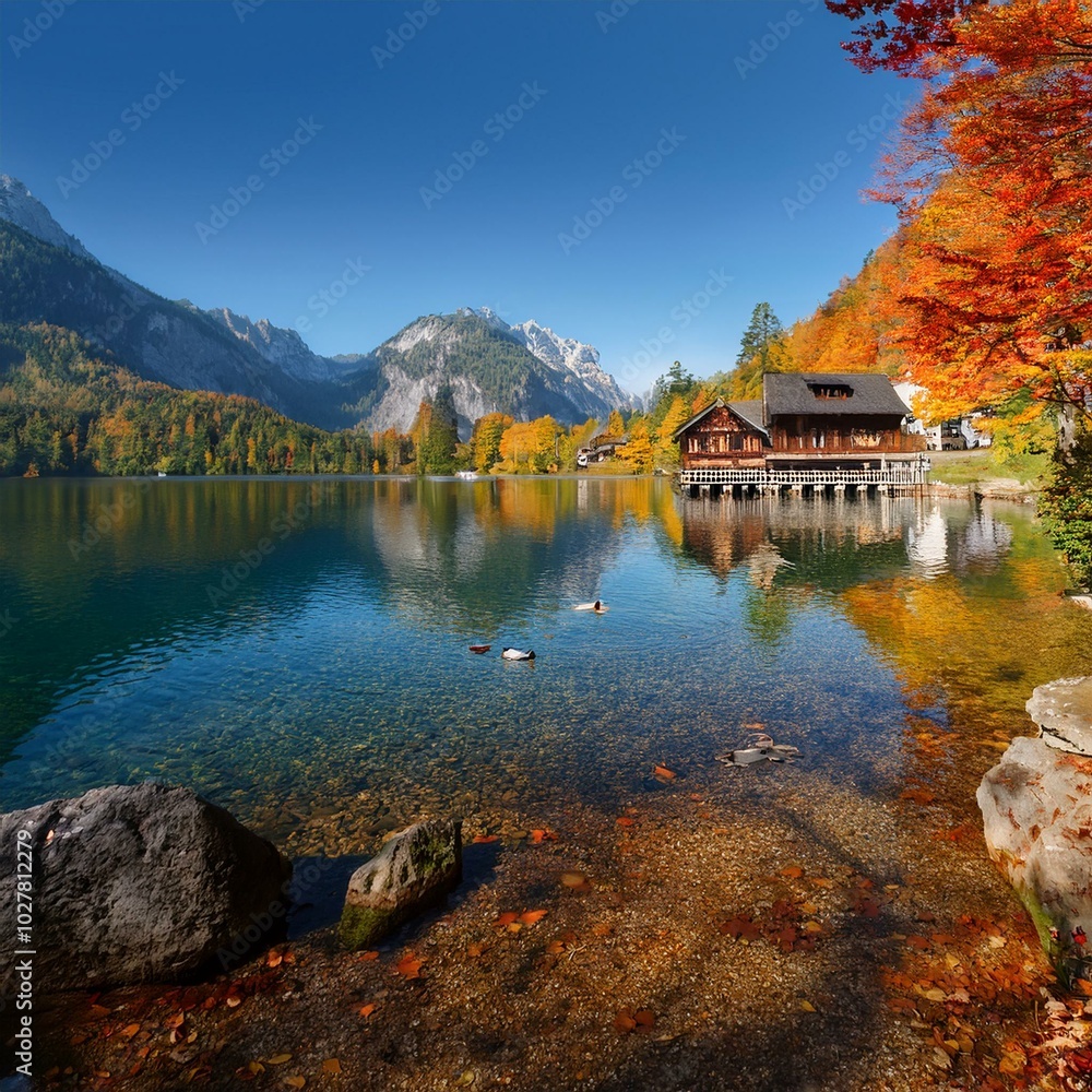 Fototapeta premium captivating autumn scene of hinterer langbathsee lake