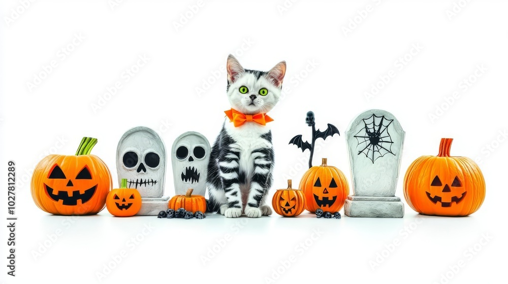A playful Halloween scene featuring a cat surrounded by pumpkins and spooky decorations, perfect for holiday-themed projects. A playful Halloween scene featuring a cat surrounded by pumpkins and spooky decorations, perfect for holiday-themed projects.