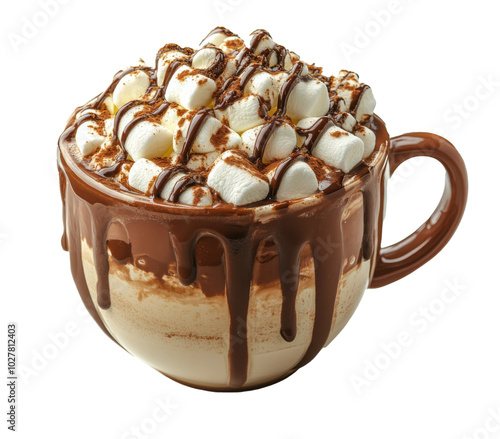 Cozy cup of hot chocolate topped with marshmallows on a white background