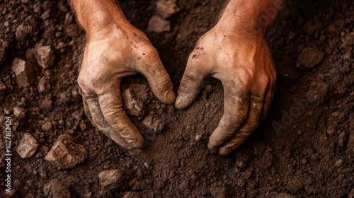 Close-up of hands sifting through rich, textured soil under warm sunlight, symbolizing connection to the earth and the nurturing aspects of nature and agriculture. photo