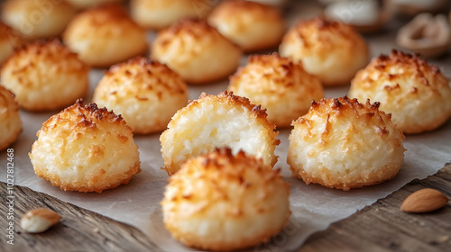 A Close-Up of Delicate Coconut Macaroons on Parchment Paper, Highlighting Their Golden-Brown Color and Crisp Texture, with Subtle Shadows Adding Depth to the Presentation. 