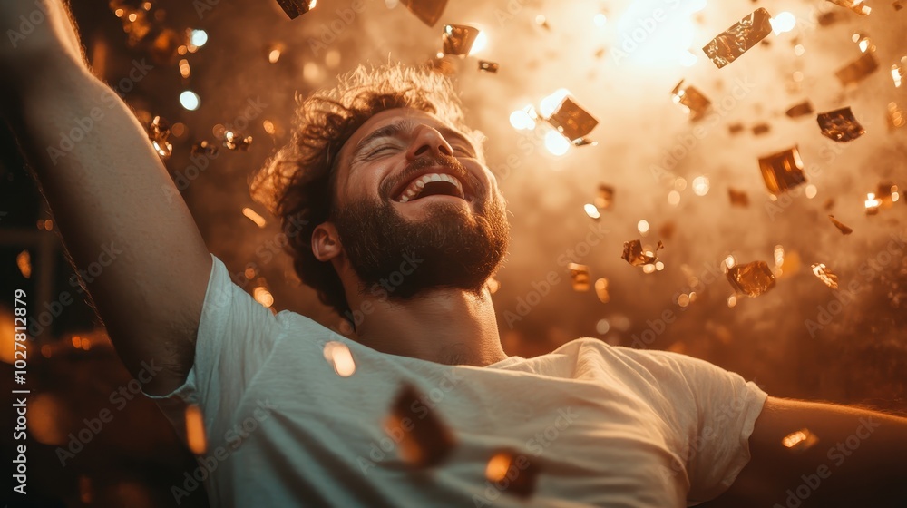 The image captures an exuberant man joyously celebrating under a shower of confetti in a vibrant setting, reflecting the essence of happiness and freedom in full expression. The image captures an exuberant man joyously celebrating under a shower of confetti in a vibrant setting, reflecting the essence of happiness and freedom in full expression.