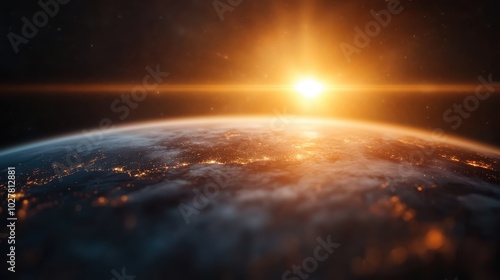 A majestic sunrise casts a warm glow over the surface of Earth, revealing illuminated cities and the incomparable beauty of our planet from the expanse of space.