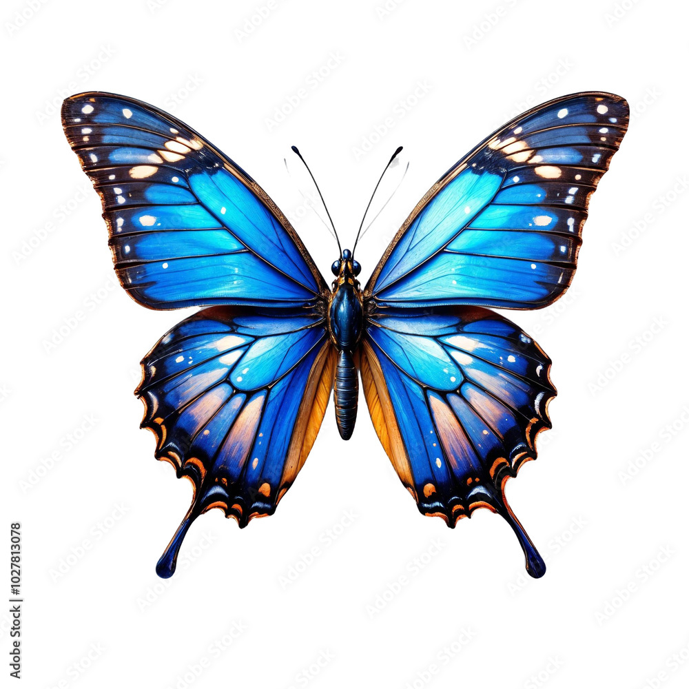 A colourful butterfly with vibrant purple, orange, and blue wings against a white background A colourful butterfly with vibrant purple, orange, and blue wings against a white background