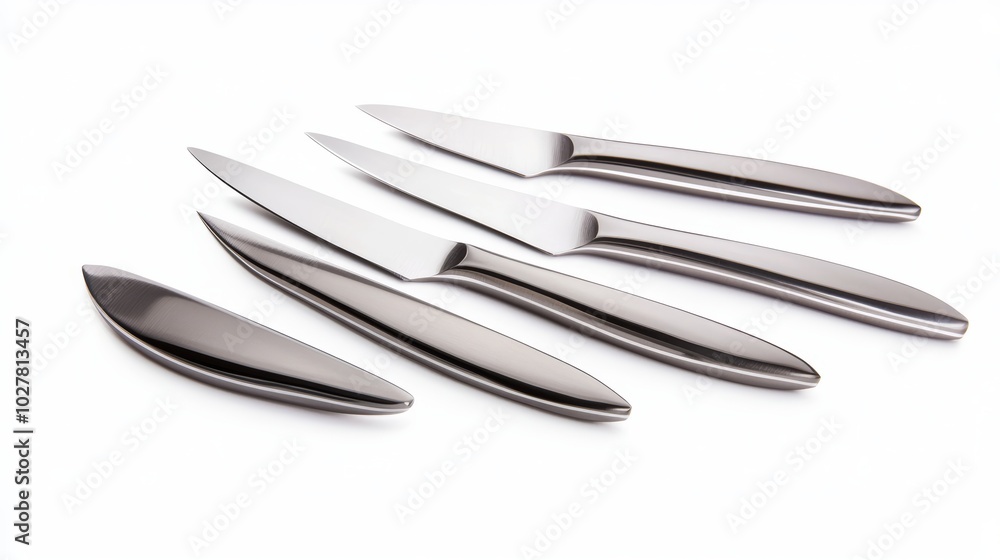 Elegant stainless steel knife set, perfectly crafted with sharp blades and stylish handles, isolated on white, modern kitchen essential Elegant stainless steel knife set, perfectly crafted with sharp blades and stylish handles, isolated on white, modern kitchen essential