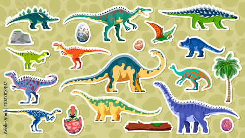 Prehistoric dinosaur stickers, vector dino species, eggs and elements like palm tree, fallen log and rock. Colorful isolated patches with ancient reptile animals against patterned background photo