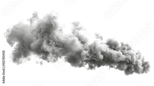 Dense gray smoke billows dramatically against a white background, creating an...