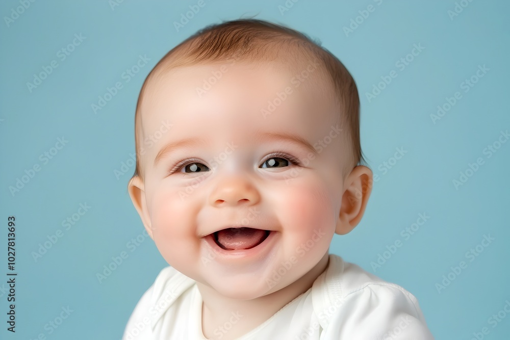 Chubby Cheeked Baby s Joyful Smile Against Pastel Blue Background Chubby Cheeked Baby s Joyful Smile Against Pastel Blue Background