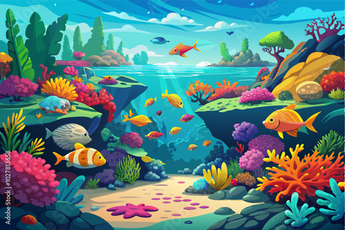 A vibrant coral reef teeming with colorful fish and other marine life