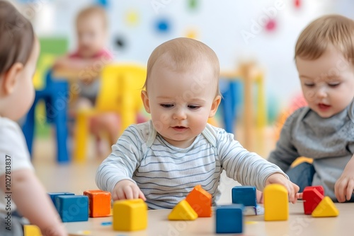 Diverse Toddlers Engaged in Cooperative Play and Learning at Daycare Center