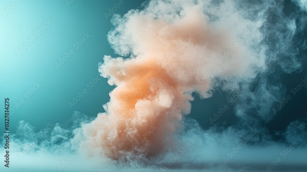 Naklejka premium A thick plume of orange-tinted smoke rises over an aquamarine background, creating a vivid contrast that captivates with its mysterious and dreamlike quality, symbolizing change.