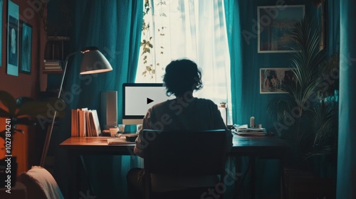 A woman sits at her desk in a home office with a computer screen displaying a video playback symbol. She is working or watching a video.