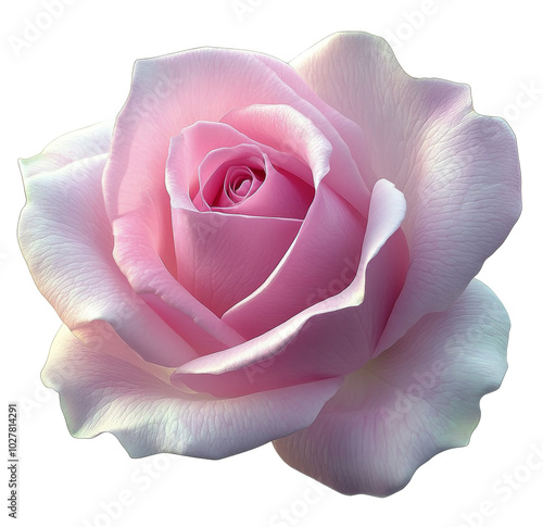 Beautiful pink rose with lush green leaves on a white background in natural l...