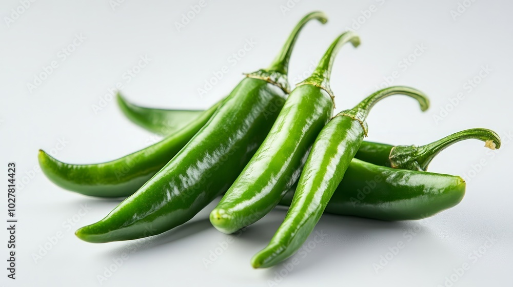 A group of fresh green chili peppers arranged neatly on a light background. A group of fresh green chili peppers arranged neatly on a light background.