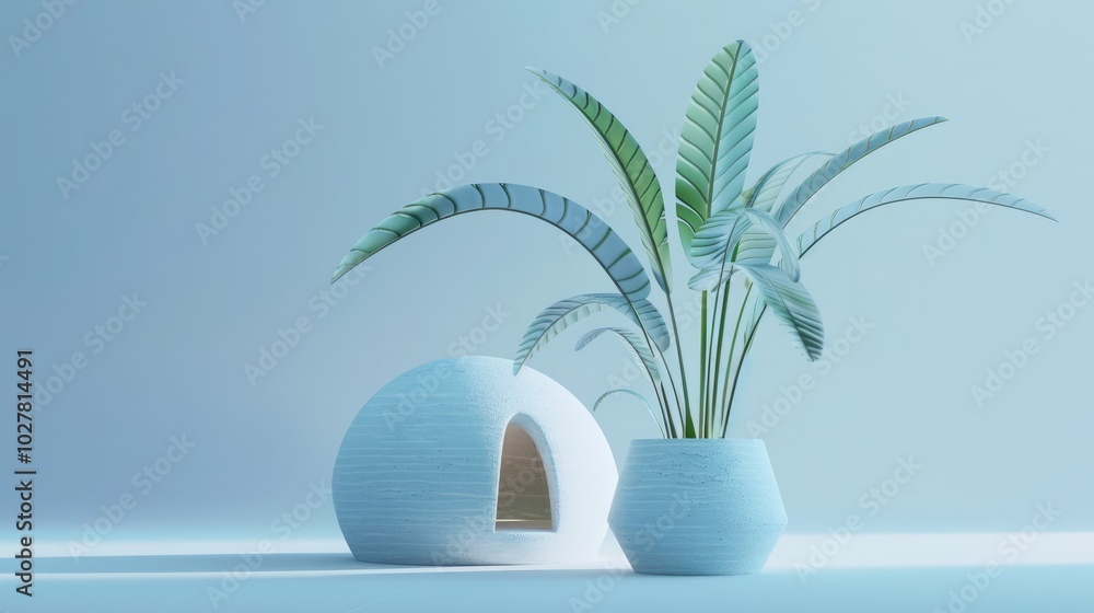 Easter egg with palm tree in pot on blue background. Easter egg with palm tree in pot on blue background.