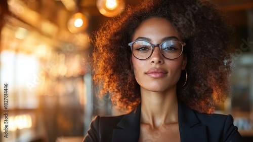 A confident woman stands indoors wearing stylish glasses, her strong presence highlighted by warm ambient lighting that creates an atmosphere of professionalism and allure. photo