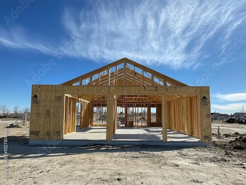 Wallpaper Mural newly framed construction of a house, showcasing the raw structure with wooden beams and open spaces, hinting at the promise of a future home, under a bright blue sky Torontodigital.ca