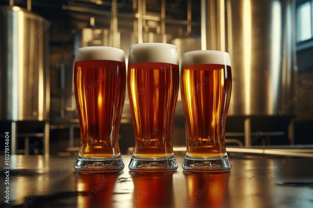 Different Beer samplers in glasses, Jugs, mugs, pints of brew beverage, ale, cider on table in modern brewery. Different Beer samplers in glasses, Jugs, mugs, pints of brew beverage, ale, cider on table in modern brewery.