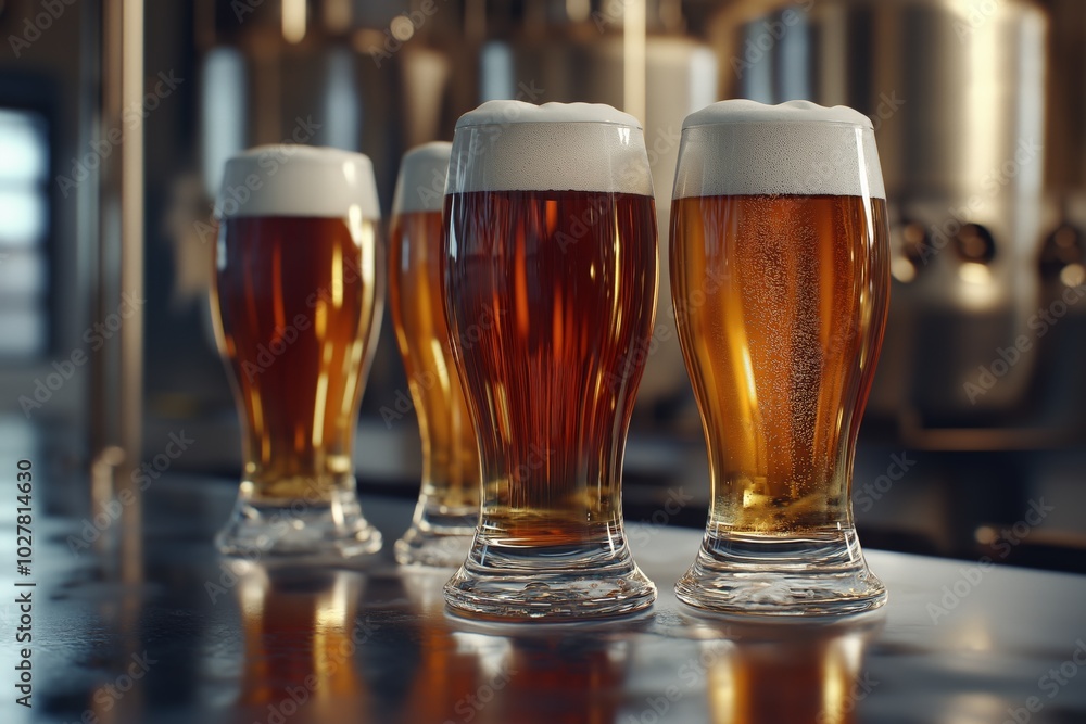 Different Beer samplers in glasses, Jugs, mugs, pints of brew beverage, ale, cider on table in modern brewery. Different Beer samplers in glasses, Jugs, mugs, pints of brew beverage, ale, cider on table in modern brewery.