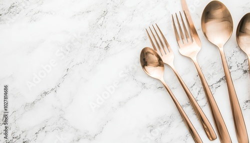 Polished rose gold flatware set elegantly arranged on a marble surface, creating a luxurious dining atmosphere