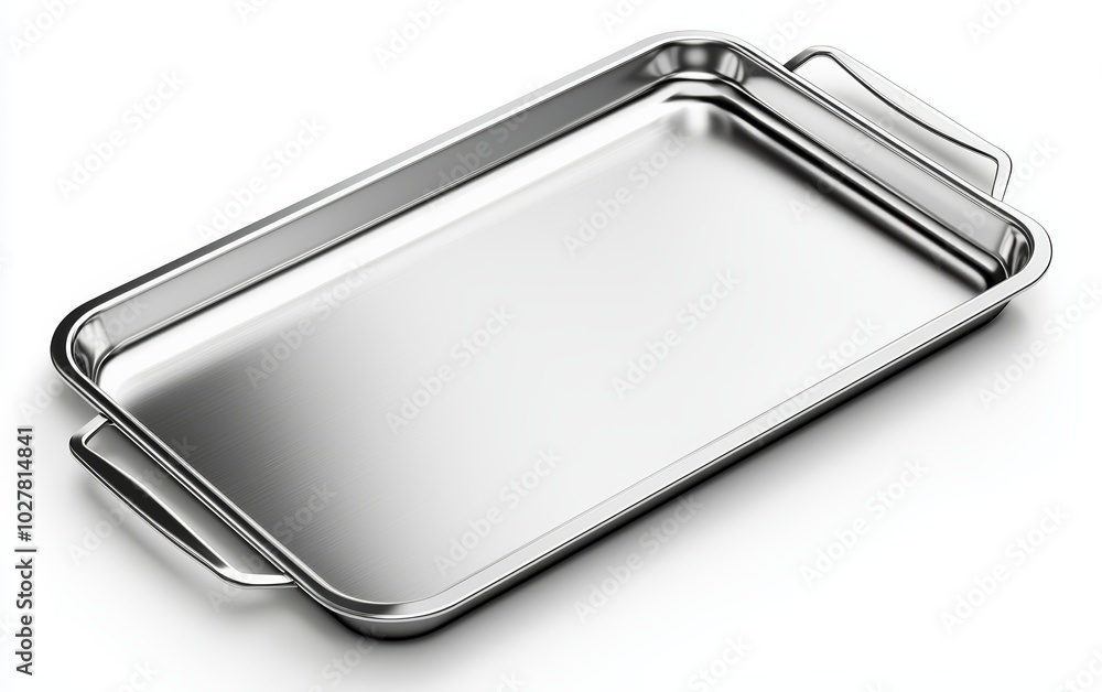 Rectangular stainless steel tray with sleek handles, isolated on a white background, perfect for modern kitchen or serving purposes Rectangular stainless steel tray with sleek handles, isolated on a white background, perfect for modern kitchen or serving purposes