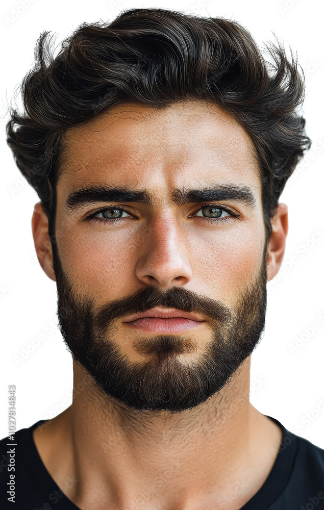Obraz premium Confident young man with a thick beard and styled hair posing against a neutral background