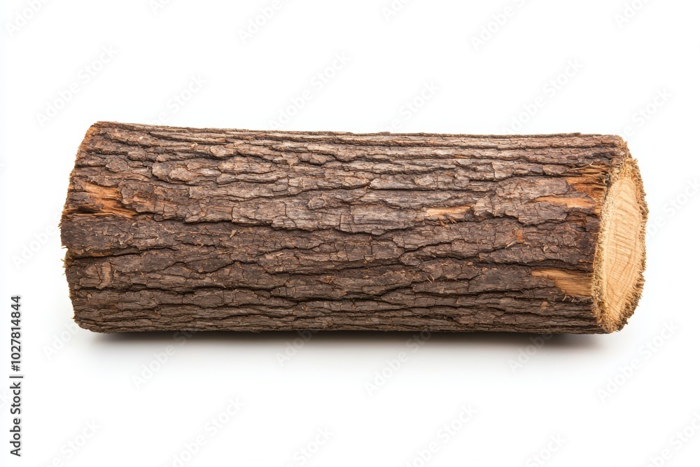 Raw timber log with textured bark, isolated on white background, ideal for rustic designs, eco-friendly packaging, or woodworking visuals Raw timber log with textured bark, isolated on white background, ideal for rustic designs, eco-friendly packaging, or woodworking visuals