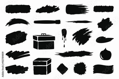 Set of vector black paint, ink brush stroke, brush, line, or texture. Dirty artistic design element, box, frame on white background