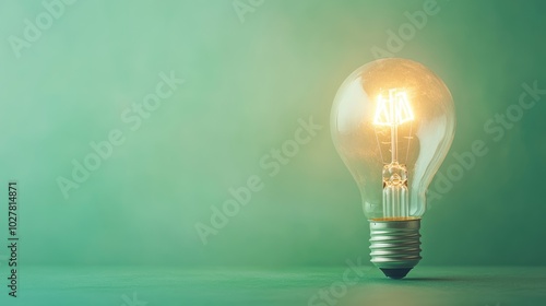 Lightbulb glowing in front of a subtle green background, wide open space for inserting your message