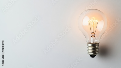 Lightbulb glowing softly in front of a white backdrop, ideal for text placement