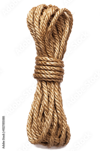 Twisted natural fiber rope displayed against a plain white background for cra...