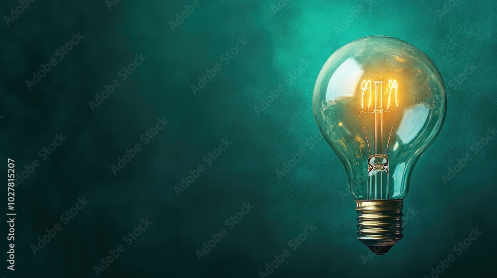 Lightbulb glowing softly on a deep green background, wide area for text placement Lightbulb glowing softly on a deep green background, wide area for text placement