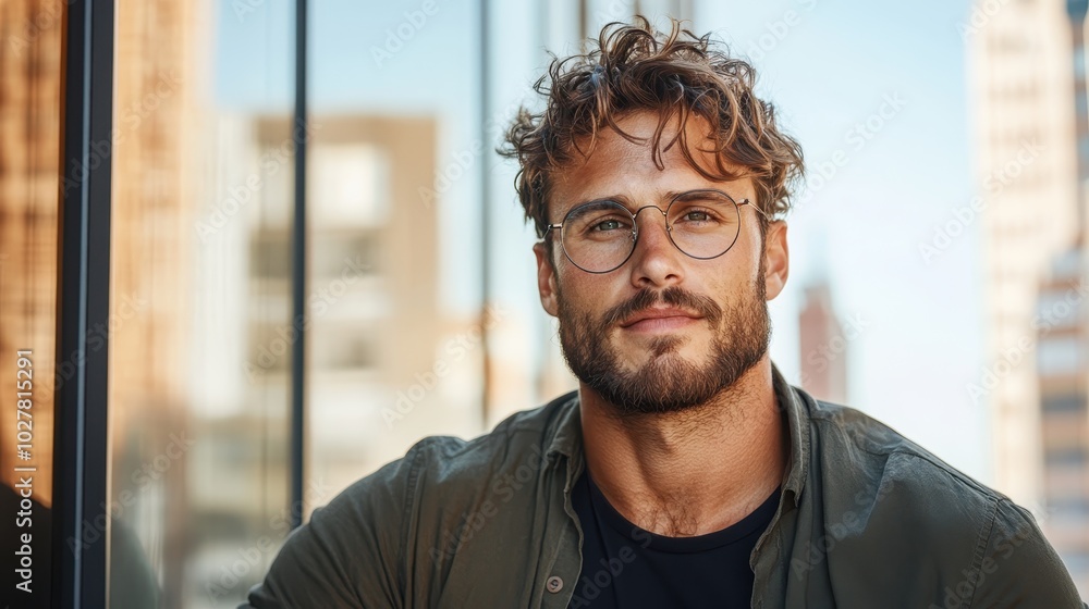 A casually stylish man with glasses and a rugged charm, set against an urban backdrop of modern architecture, representing youthful confidence and style. A casually stylish man with glasses and a rugged charm, set against an urban backdrop of modern architecture, representing youthful confidence and style.