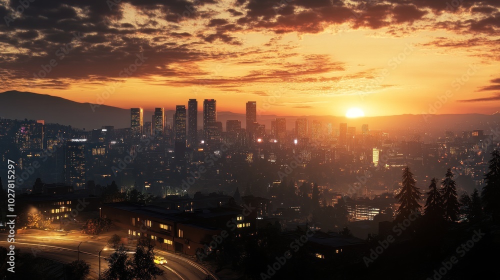 Fototapeta premium A breathtaking view of a cityscape at sunset, with the sun shining through the clouds and illuminating the buildings.