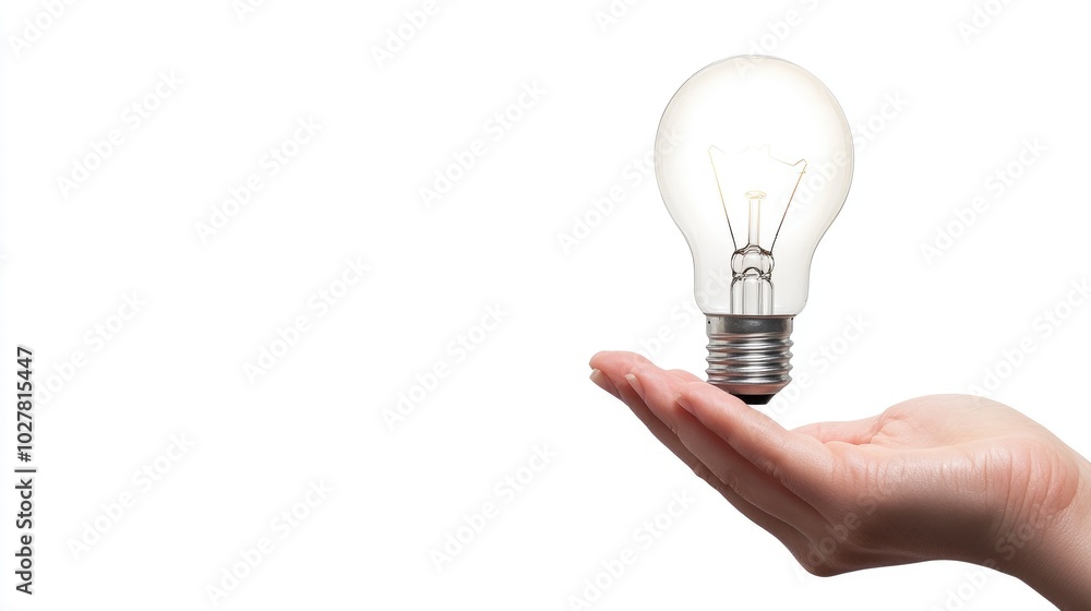 Lightbulb held in a hand, emitting a soft glow, against a pure white backdrop, clear space for adding your message Lightbulb held in a hand, emitting a soft glow, against a pure white backdrop, clear space for adding your message