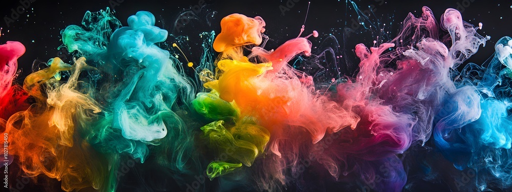A vibrant explosion of colors and shapes, resembling an ink wash swirling in water against a black background A vibrant explosion of colors and shapes, resembling an ink wash swirling in water against a black background
