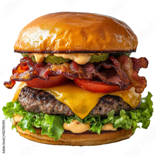 A classic cheeseburger with bacon, lettuce, tomato, and special sauce on a to...