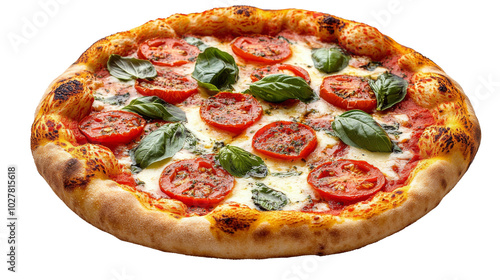 Freshly baked Margherita pizza topped with tomatoes and basil on a rustic woo...
