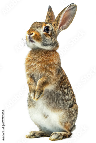 A standing rabbit curiously observing its surroundings in bright indoor lighting