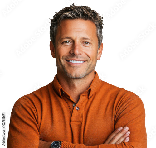 Smiling middle-aged man in a casual outfit stands confidently against a plain...
