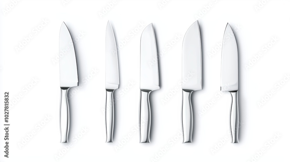 Stainless steel knife set, perfectly arranged with sharp, polished blades, isolated on white, showcasing minimalist kitchen elegance Stainless steel knife set, perfectly arranged with sharp, polished blades, isolated on white, showcasing minimalist kitchen elegance