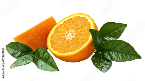 Freshly sliced orange and green leaves displayed on a white background highli...
