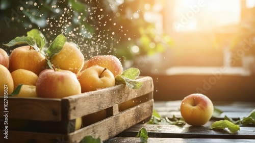 This image showcases fresh apples in a wooden crate being splashed with water, highlighting their freshness and vibrant colors amidst a backdrop of lush greenery. photo